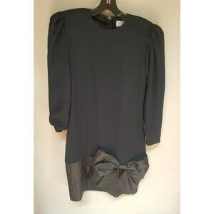 Chuck Jones Women Black Puff Sleeve Front Bow Sheath Dress Back Zip Shoulder Pad